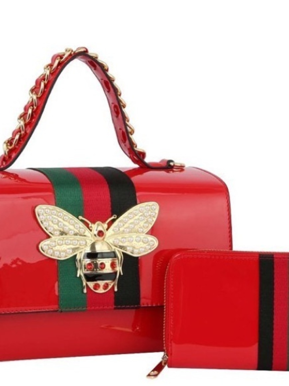 Red Patent Satchel with Gold Bee Accent